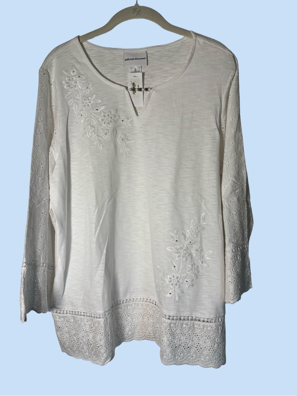 Alfred Dunner White Cotton Eyelet & Embroidered Tunic Medium NWT